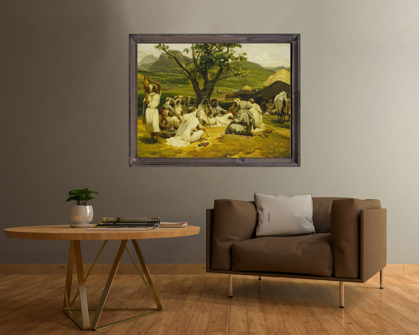 The Arab Tale Teller Painting by Horace Vernet Art Print framed hanging above red sofa chair