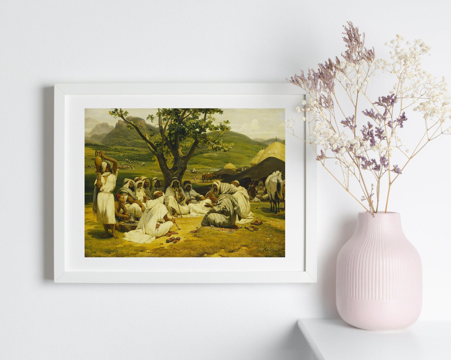 The Arab Tale Teller Painting by Horace Vernet Art Print white framed hanging on wall next to white vase