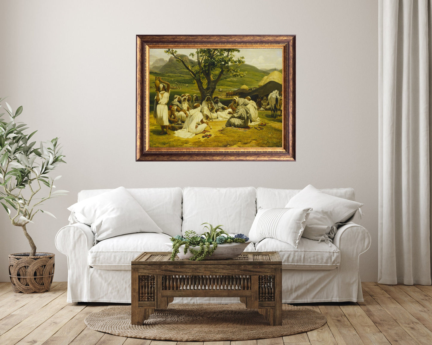 The Arab Tale Teller Painting by Horace Vernet Art Print framed hanging above white sofa