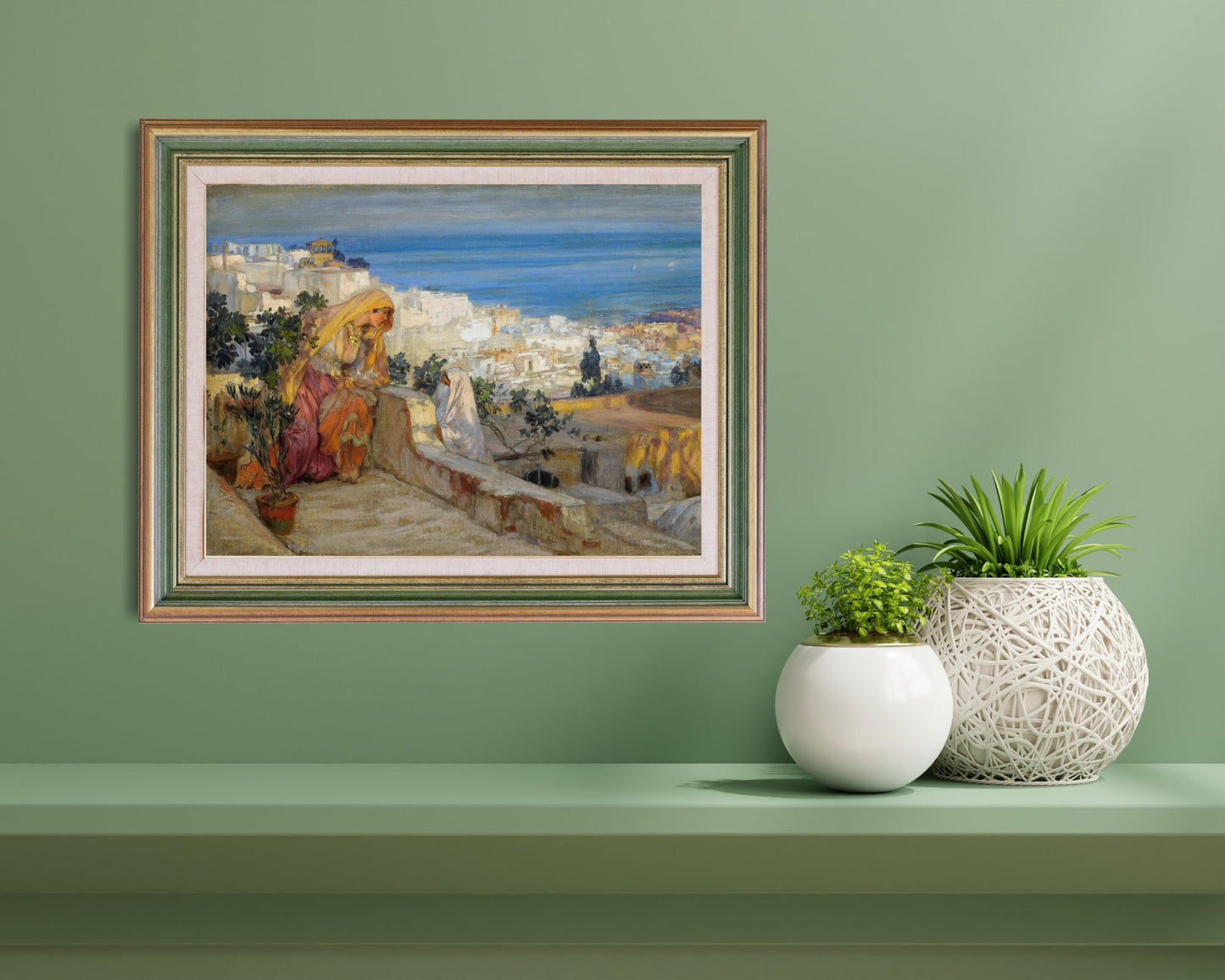 Arab Women on a Rooftop, Algiers Beyond by Frederick Bridgman Wall Art Print framed