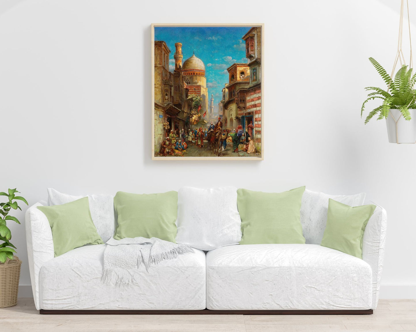 Street Scene at Kait Bey Mosque Painting by Carl Wuttke Art Print framed hanging above white sofa