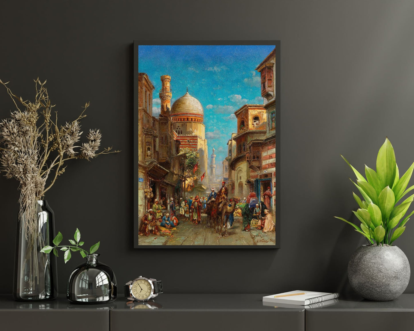 Street Scene at Kait Bey Mosque Painting by Carl Wuttke Art Print framed hanging above wall shelf