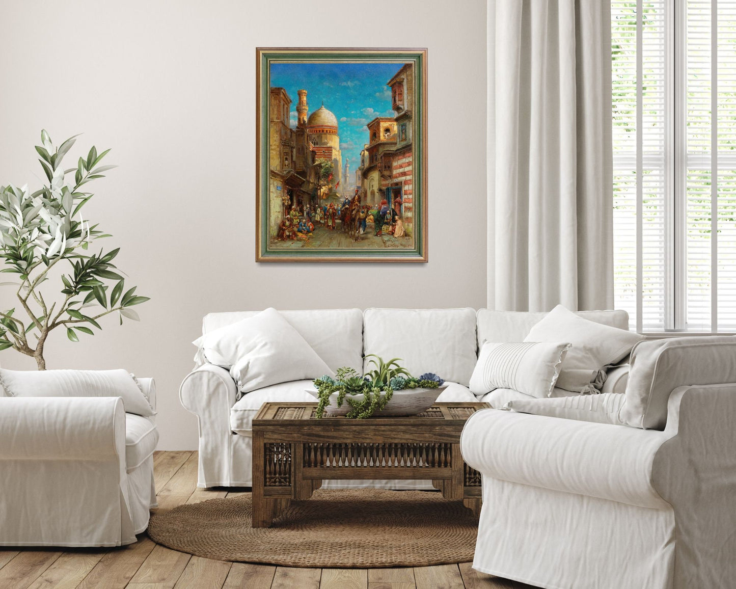 Street Scene at Kait Bey Mosque Painting by Carl Wuttke Art Print framed hanging on wall in living room