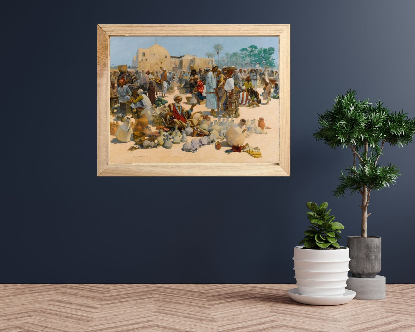 The Pottery Seller by Alphons Leopold Art Print Reproduction wood frame hanging on wall next to small tree plants
