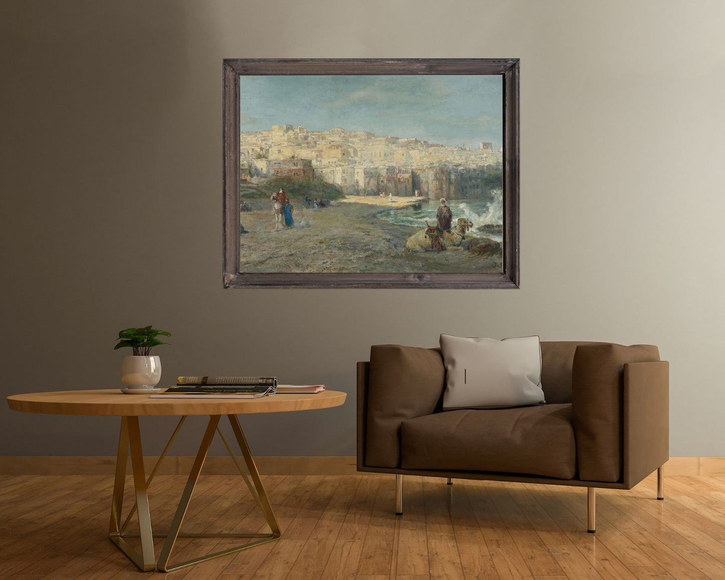 A Port of Jaffa Painting by Pierre Tetar Art Print Reproduction framed hanging on wall in living room