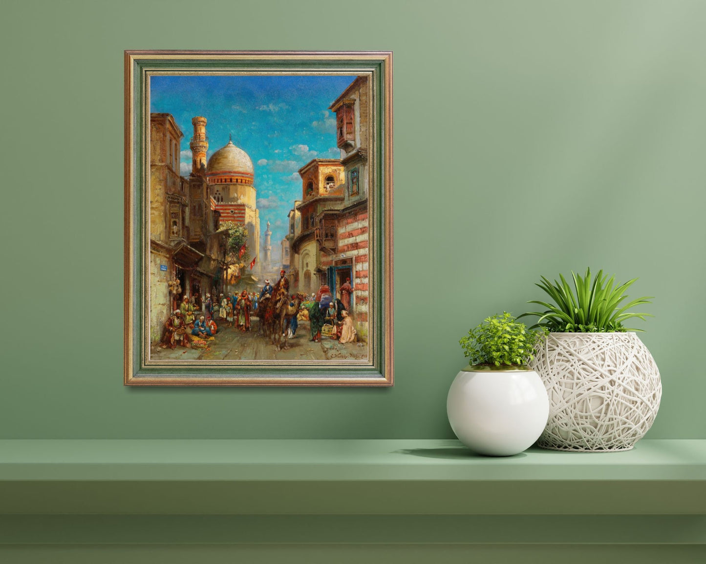 Street Scene at Kait Bey Mosque Painting by Carl Wuttke Art Print