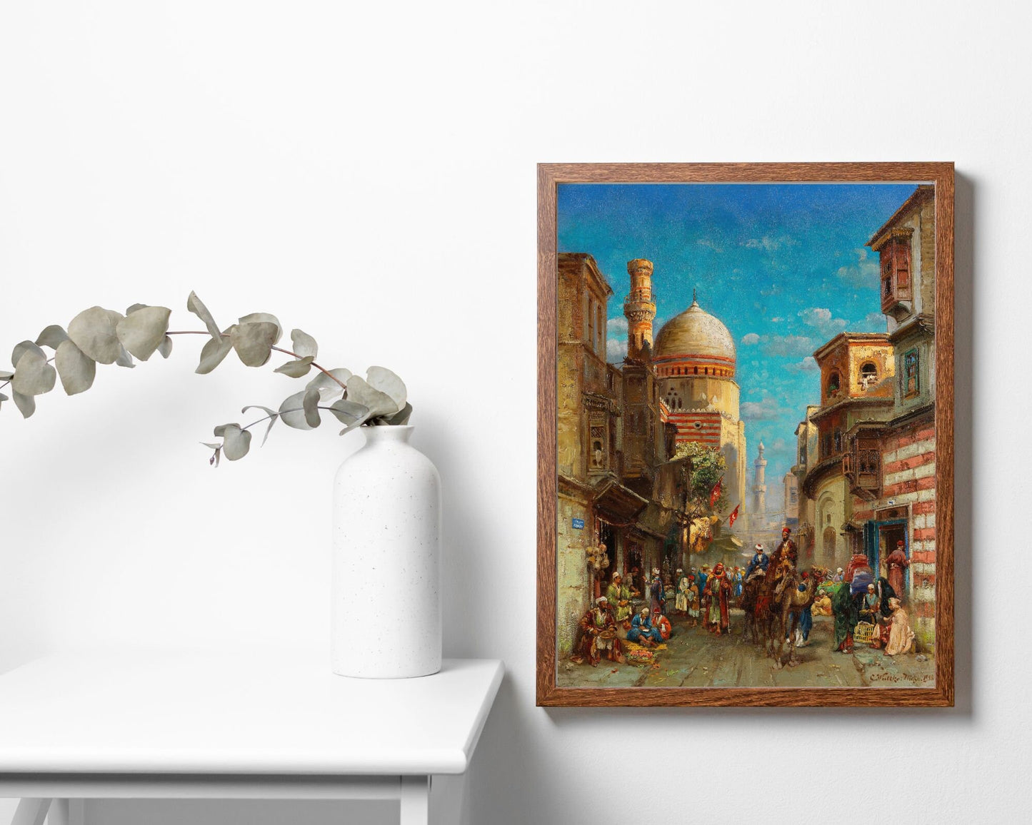 Street Scene at Kait Bey Mosque Painting by Carl Wuttke Art Print wood frame