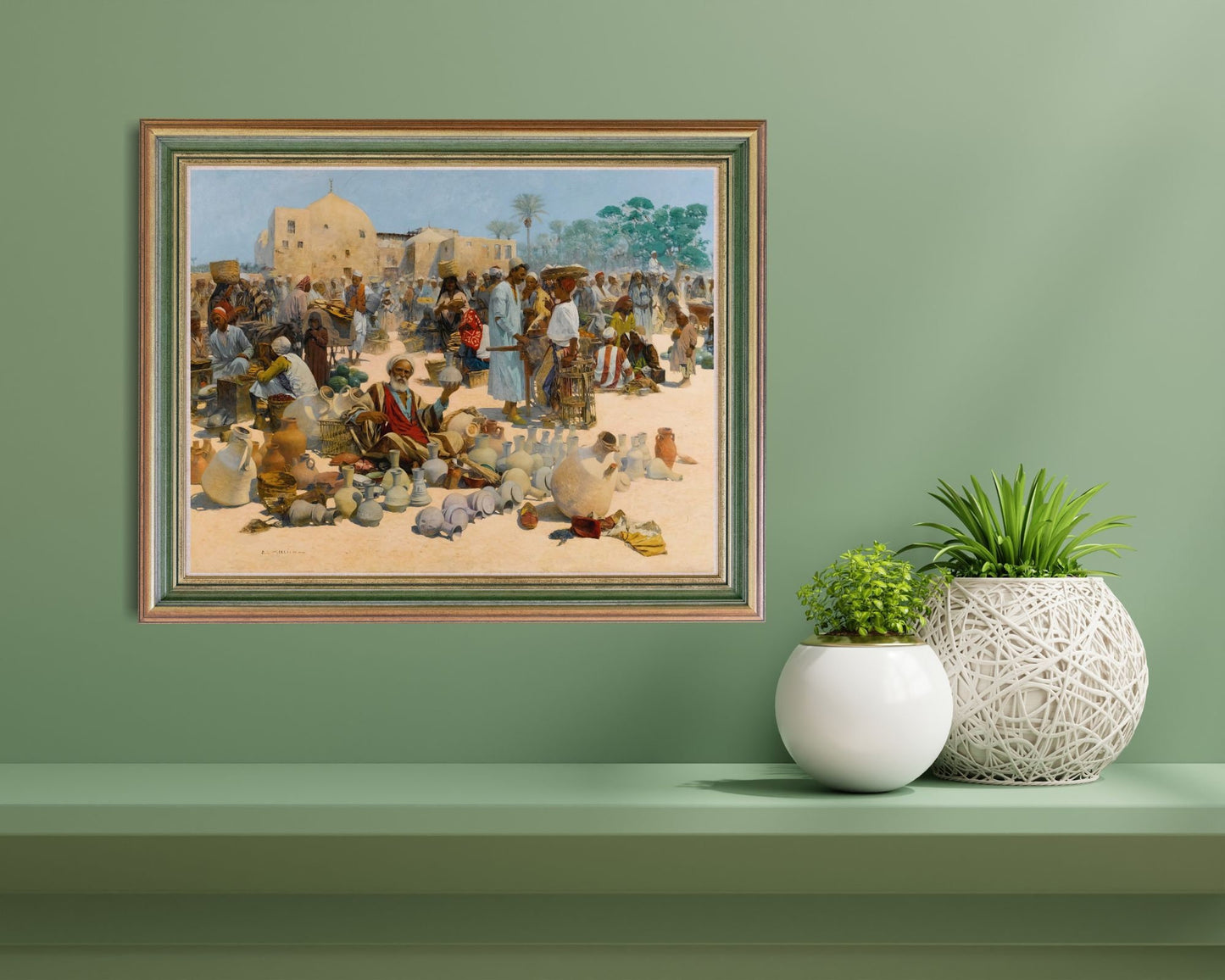 The Pottery Seller by Alphons Leopold Art Print Reproduction framed hanging above wall shelf