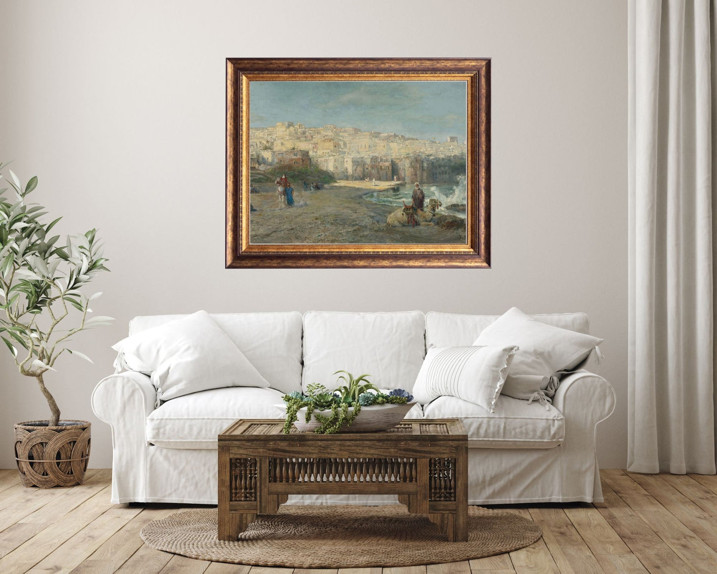A Port of Jaffa Painting by Pierre Tetar Art Print Reproduction hanging on wall above sofa in living room