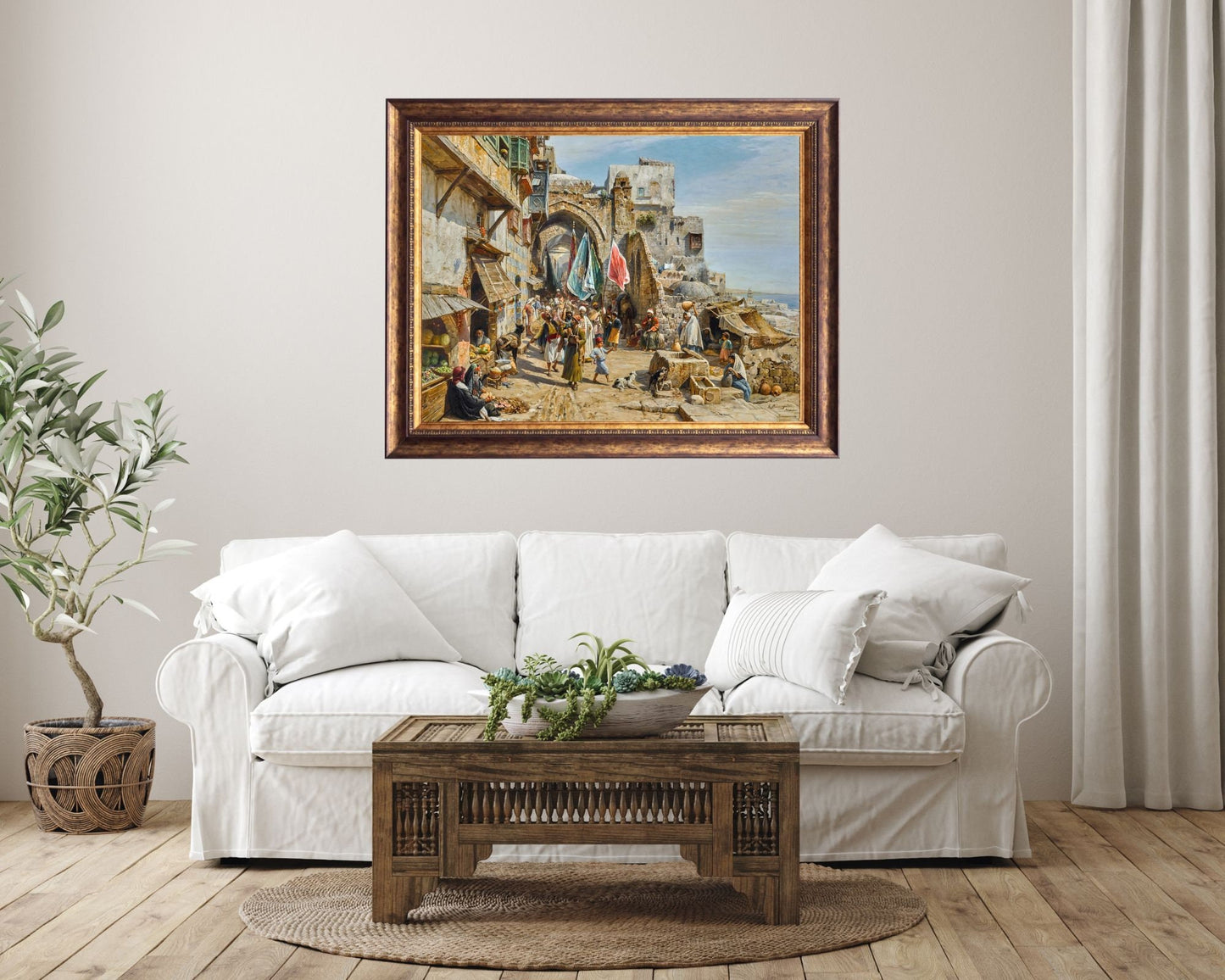 A Procession in Jaffa Painting by Gustav Baurenfiend Wall Art Print framed hanging on wall on top of white sofa