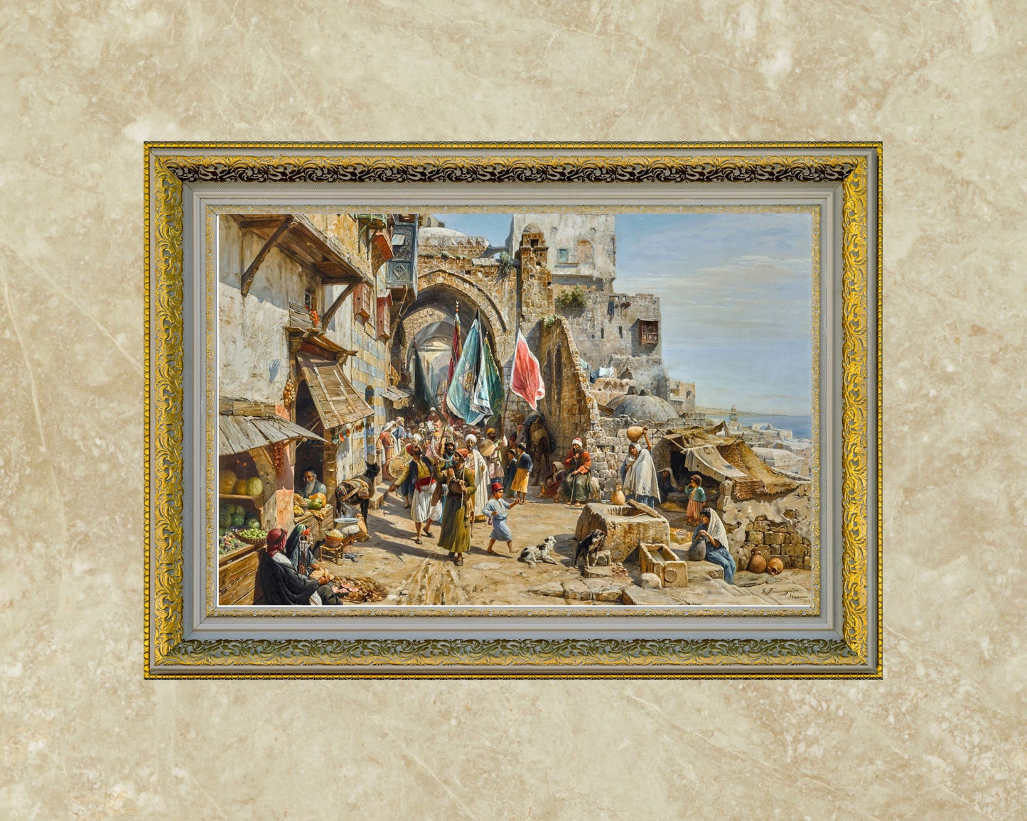 A Procession in Jaffa Painting by Gustav Baurenfiend Wall Art Print vintage frame