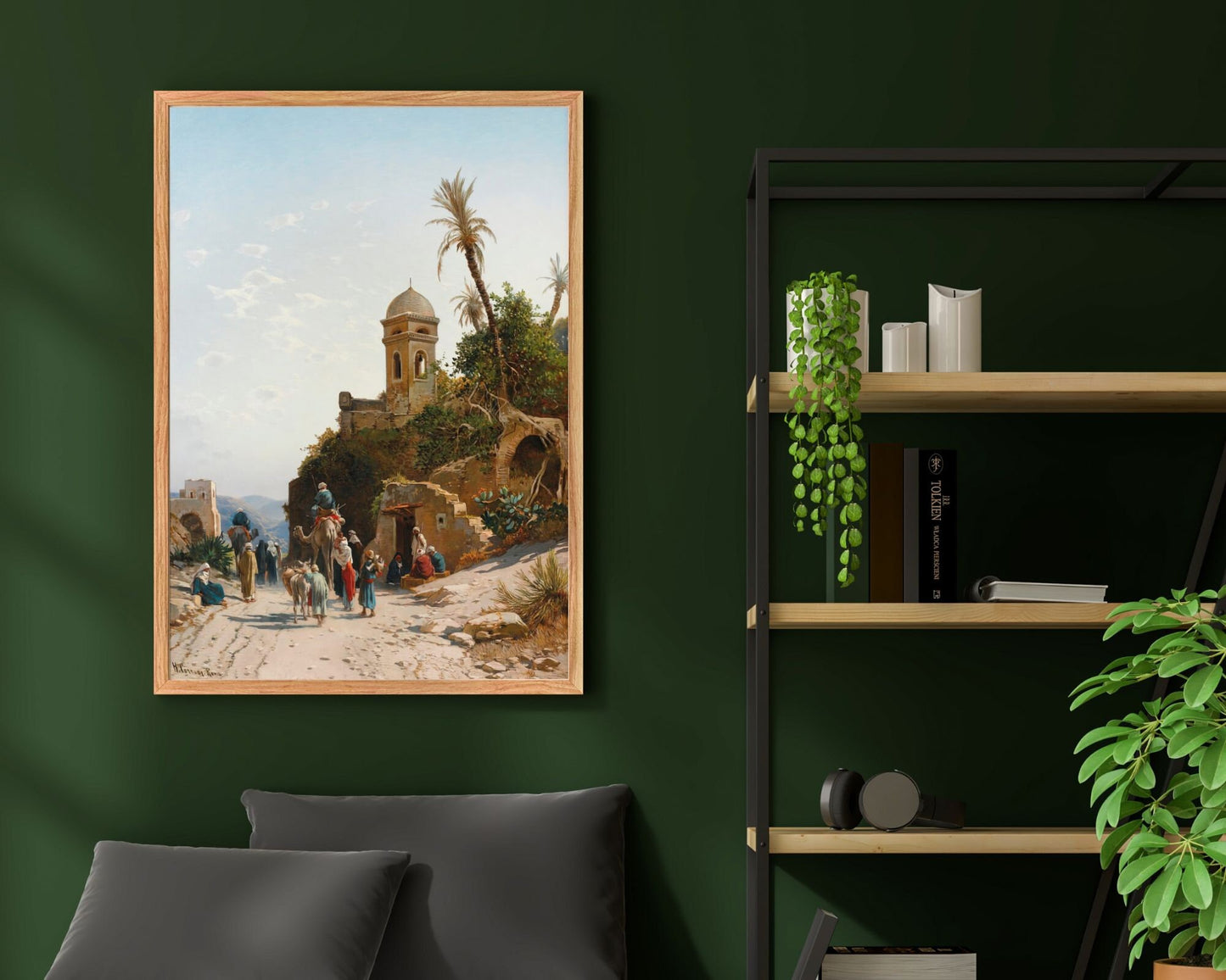 On the Road to Jerusalem Painting by Hermann David Art Print hanging next to shelf