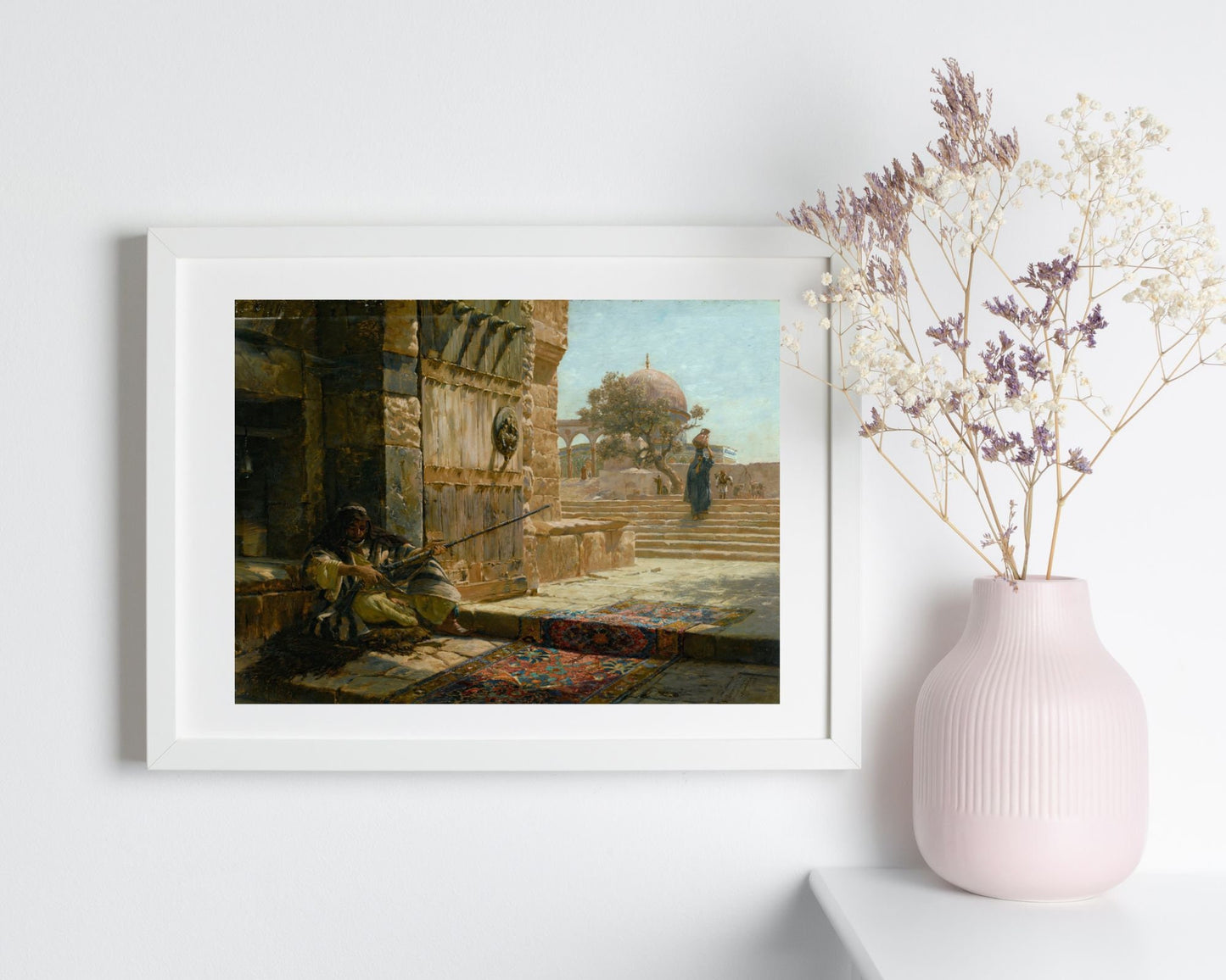 Sentinel at the Entrance by Gustav Bauernfeind Art Print white framed hanging next to white vase