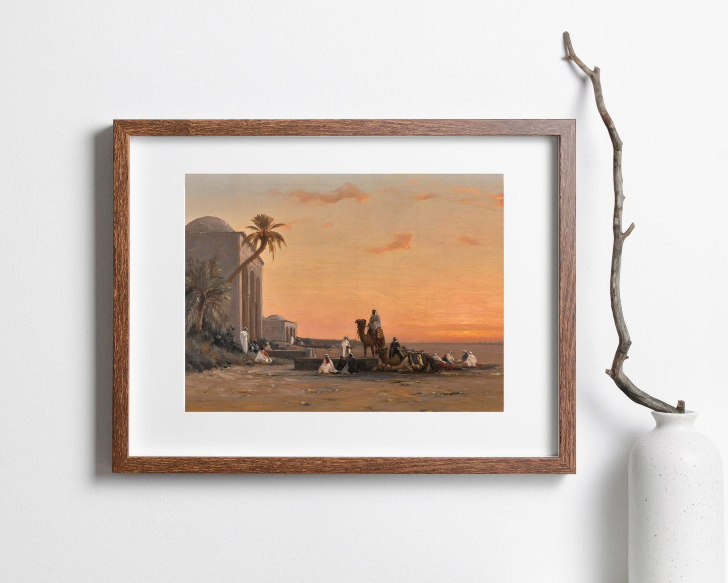 A Halt by the Well by August Veillon Middle Eastern Wall Art Print wood frame
