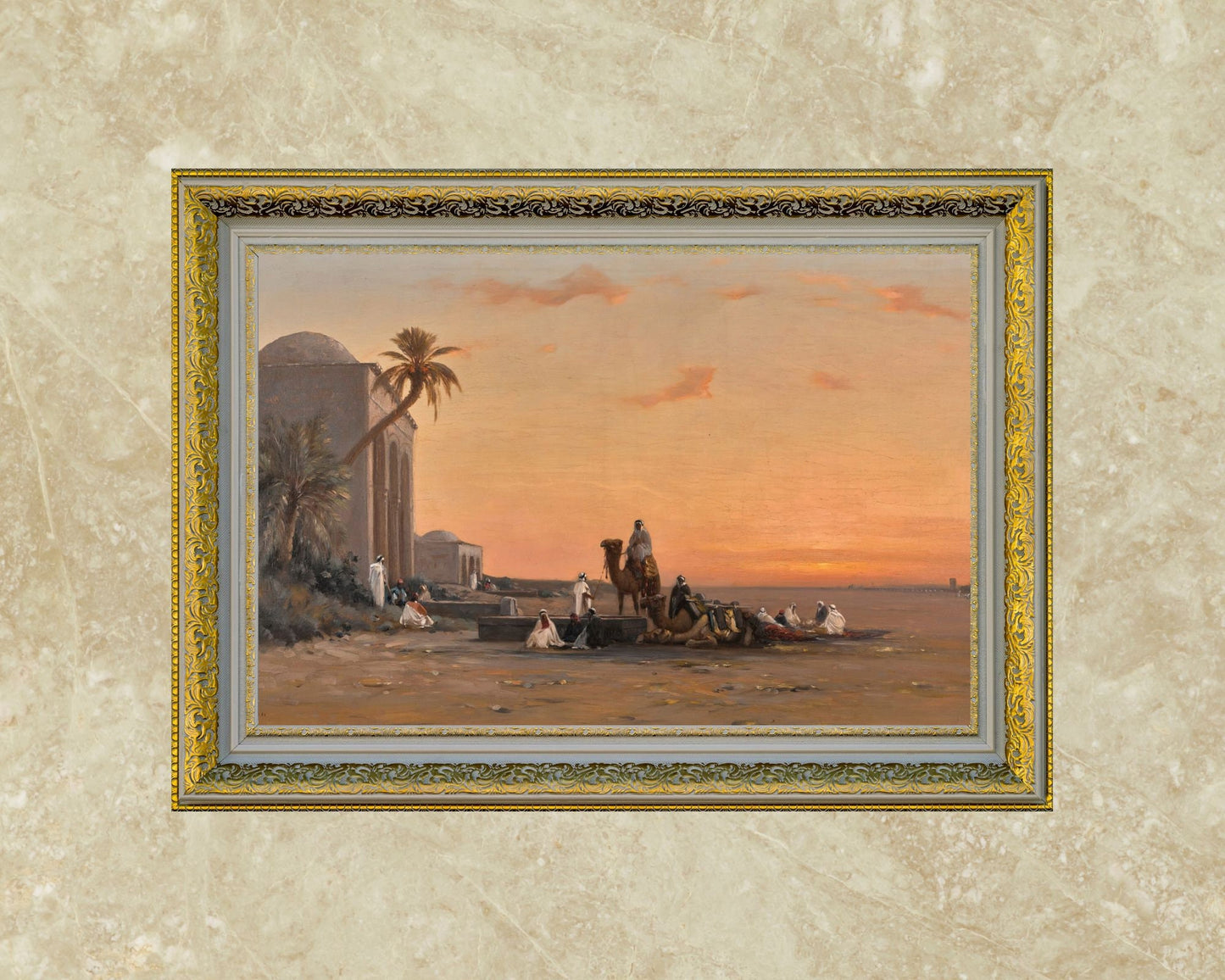 A Halt by the Well by August Veillon Middle Eastern Wall Art Print gold framed