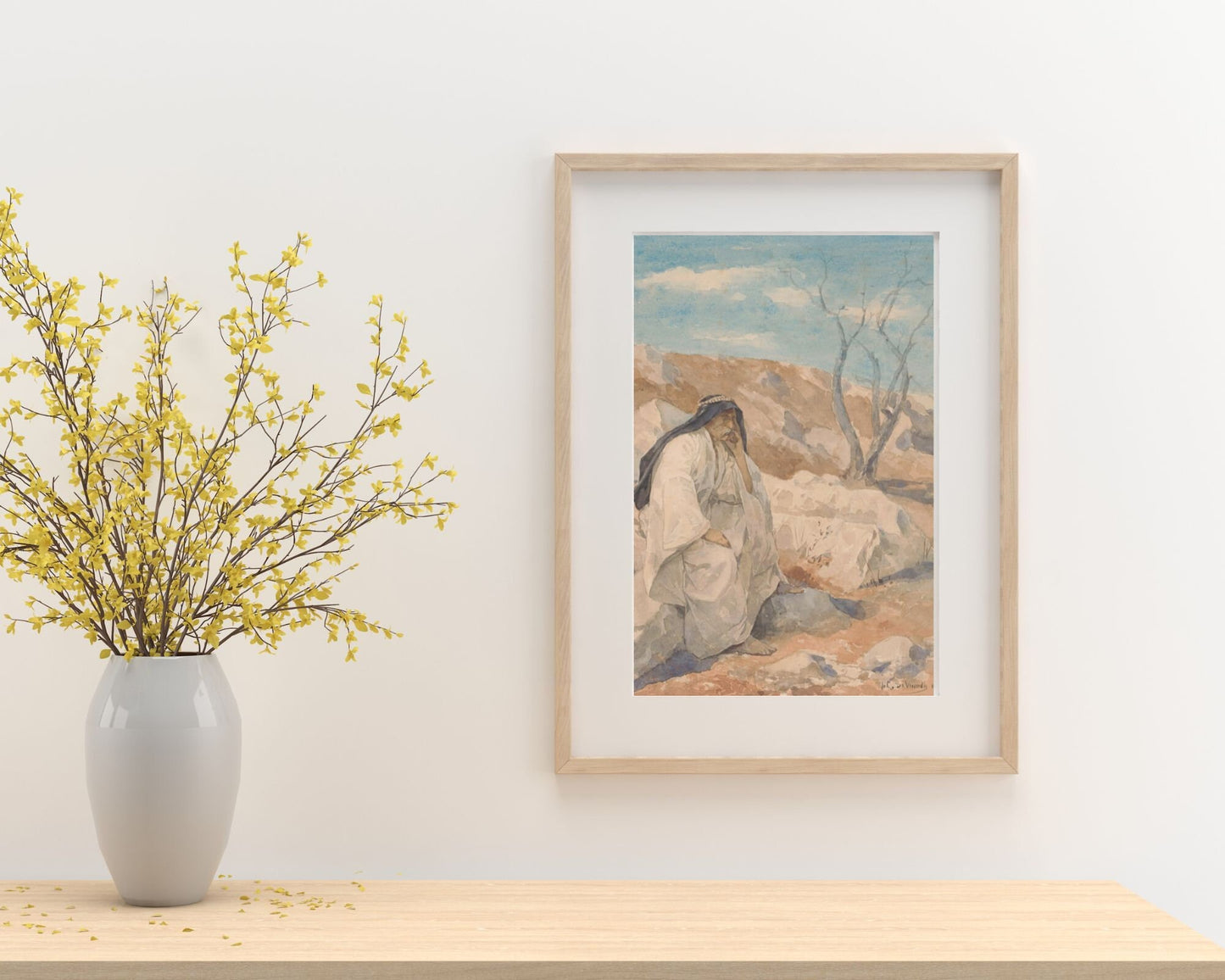 Seated Man in a Desert Painting by Juliaan De Vriendt Wall Art Print wood frame