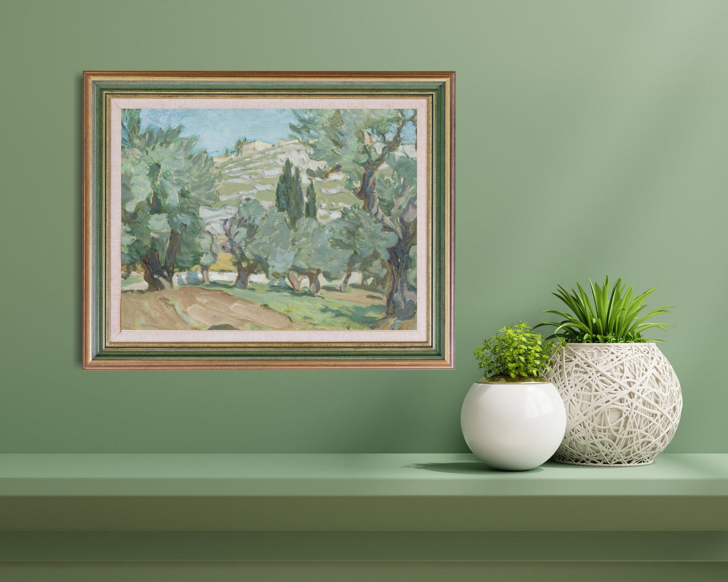 Study from Jerusalem Painting by Anna Boberg Art Print reproduction hanging above wall shelf next to small plant pots