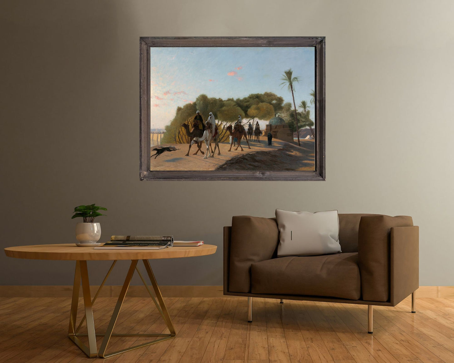 Leaving the Oasis Painting by Jean Leon Gerome Wall Art Print framed hanging in living room