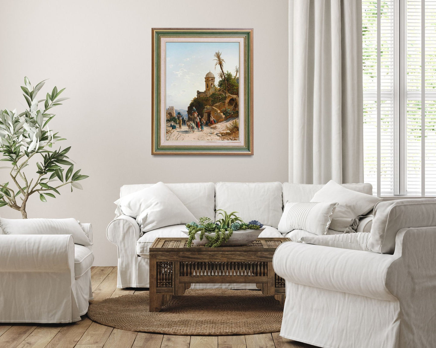On the Road to Jerusalem Painting by Hermann David Art Print framed hanging above sofa in living room