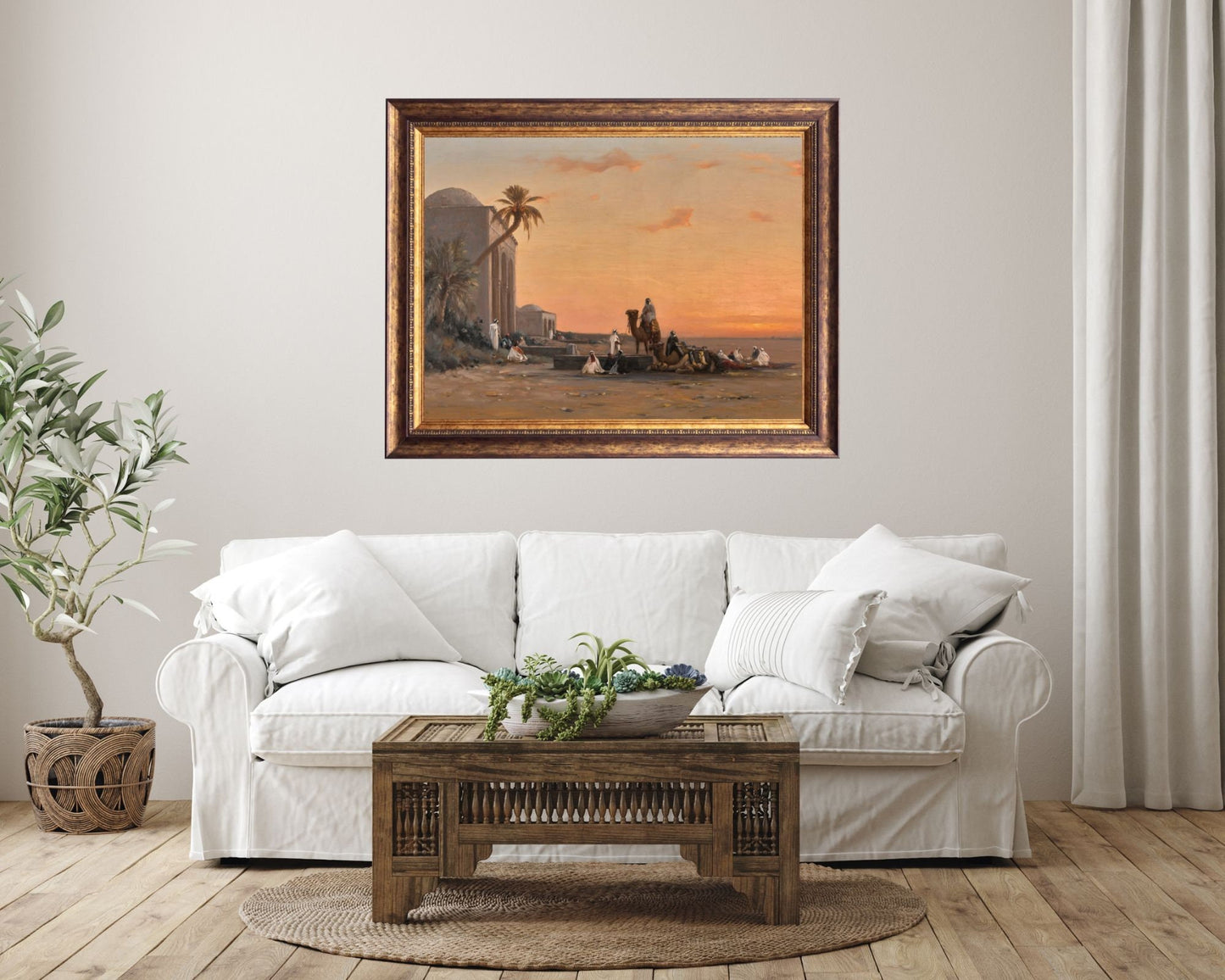 A Halt by the Well by August Veillon Middle Eastern Wall Art Print framed hanging above sofa