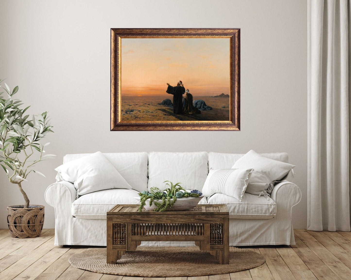 Morning Prayers Painting by August Veillon Wall Art Print framed hanging on wall on top of white sofa