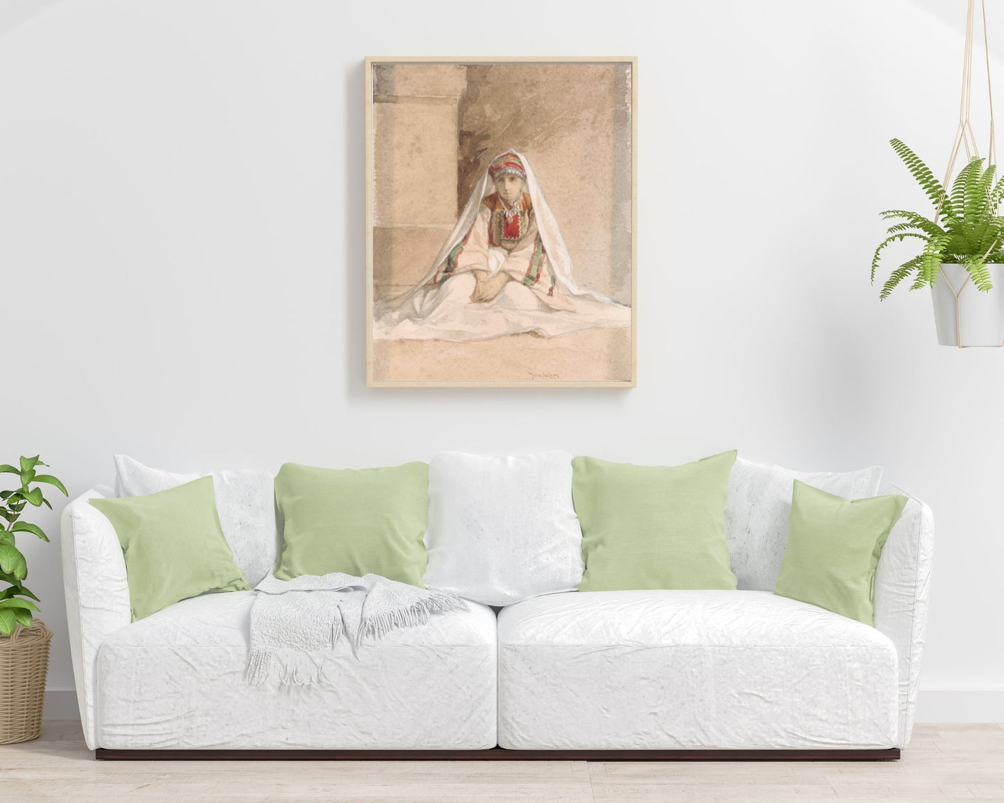 Girl From Jerusalem Painting by Juliaan De Vriendt Wall Art Print framed hanging on wall above white sofa