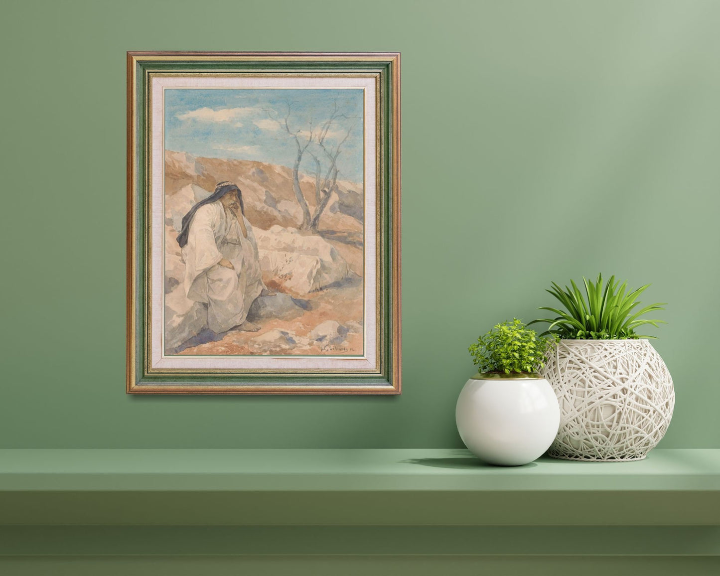 Seated Man in a Desert Painting by Juliaan De Vriendt Wall Art Print framed