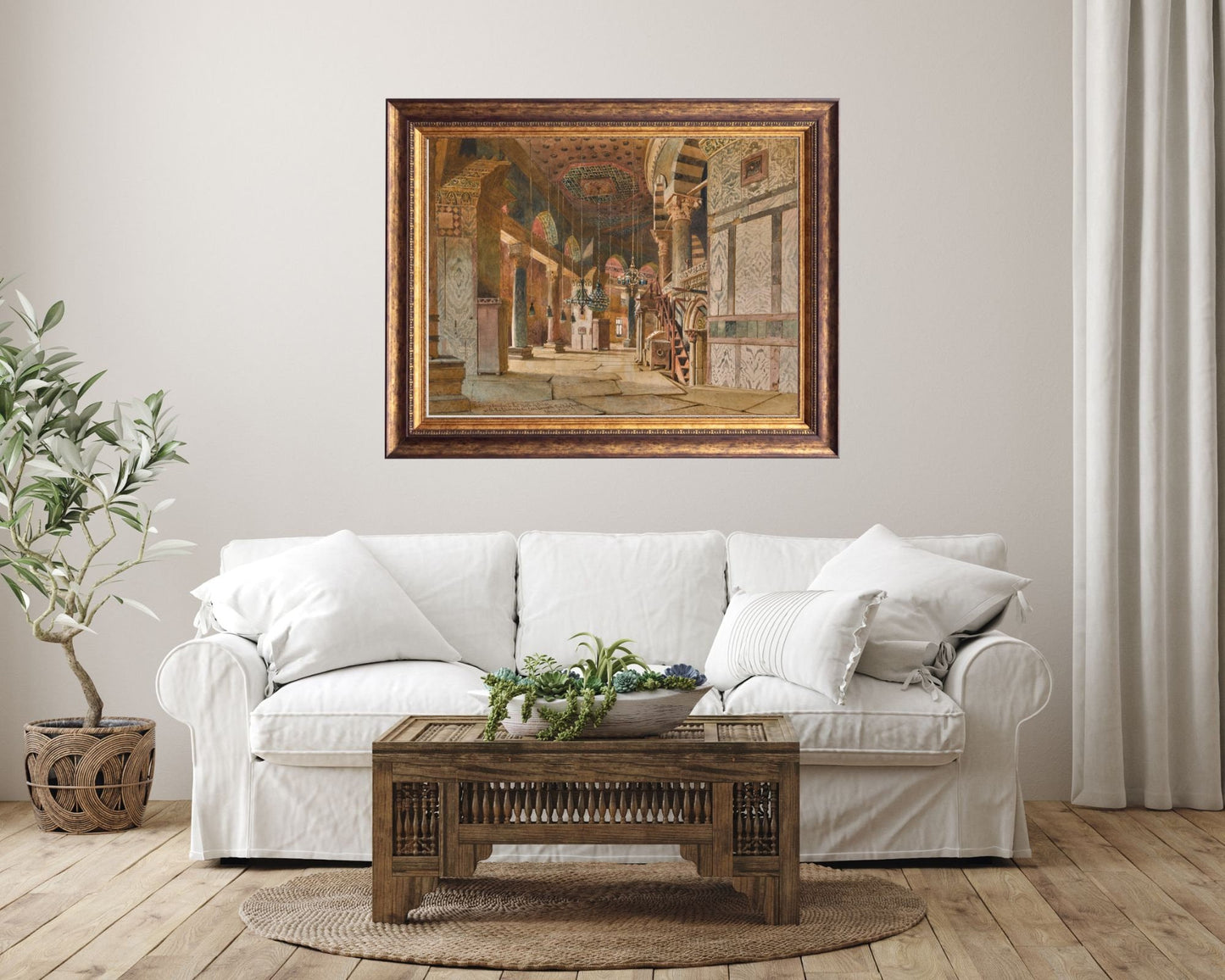 The Inner Corridor of the Dome of the Rock Painting by Carl Haag Art Print framed hanging on wall above white sofa
