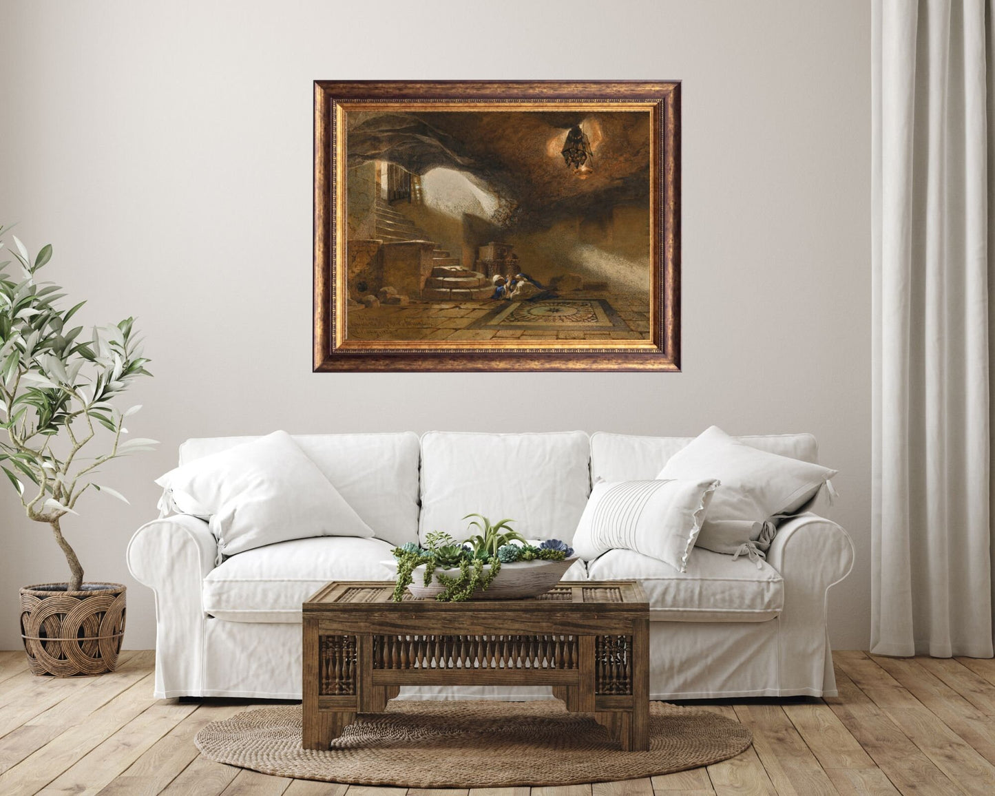 The Cave Beneath The Holy Rock Painting by Carl Haag Art Print framed hanging on wall above white sofa in living room