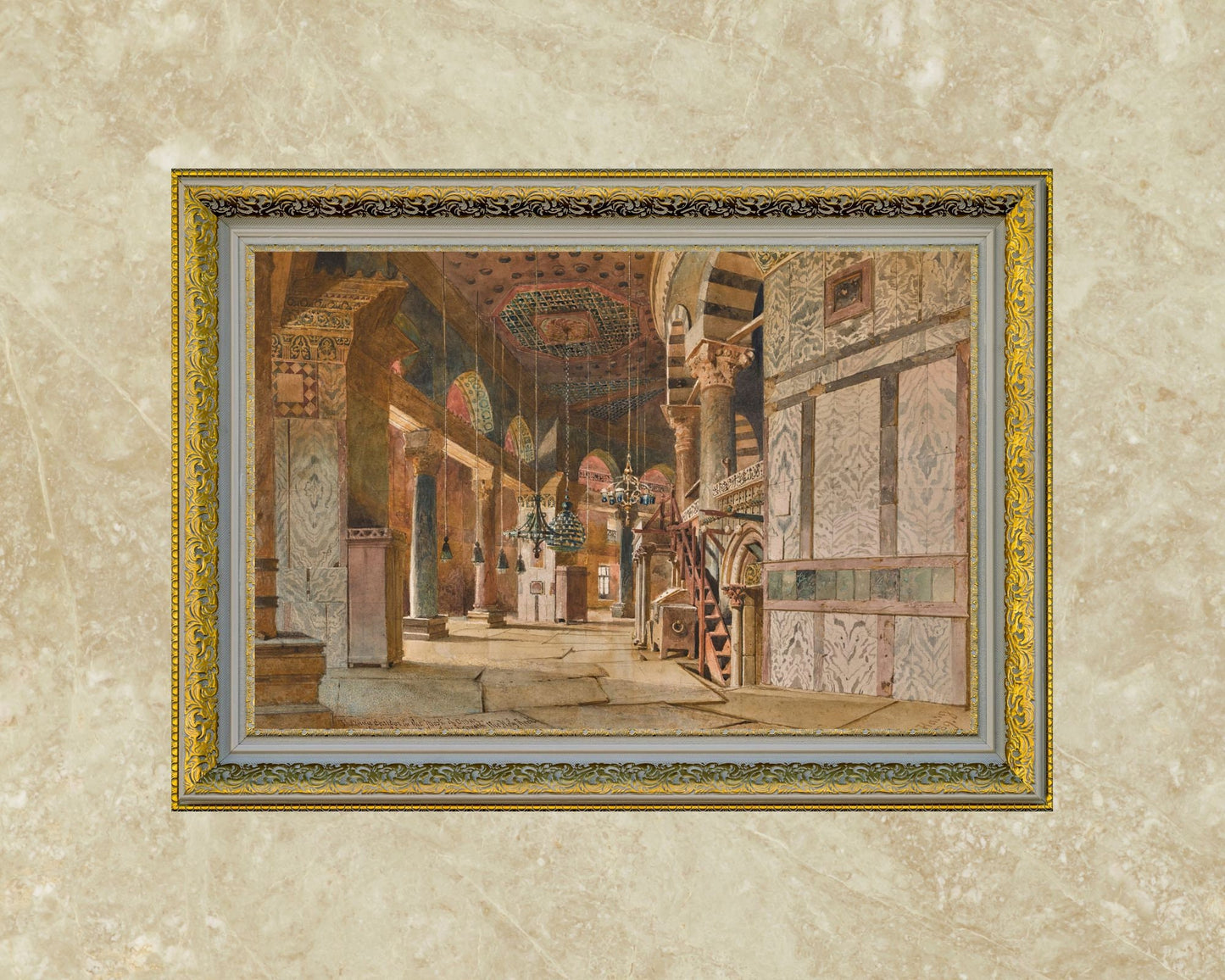 The Inner Corridor of the Dome of the Rock Painting by Carl Haag Art Print framed