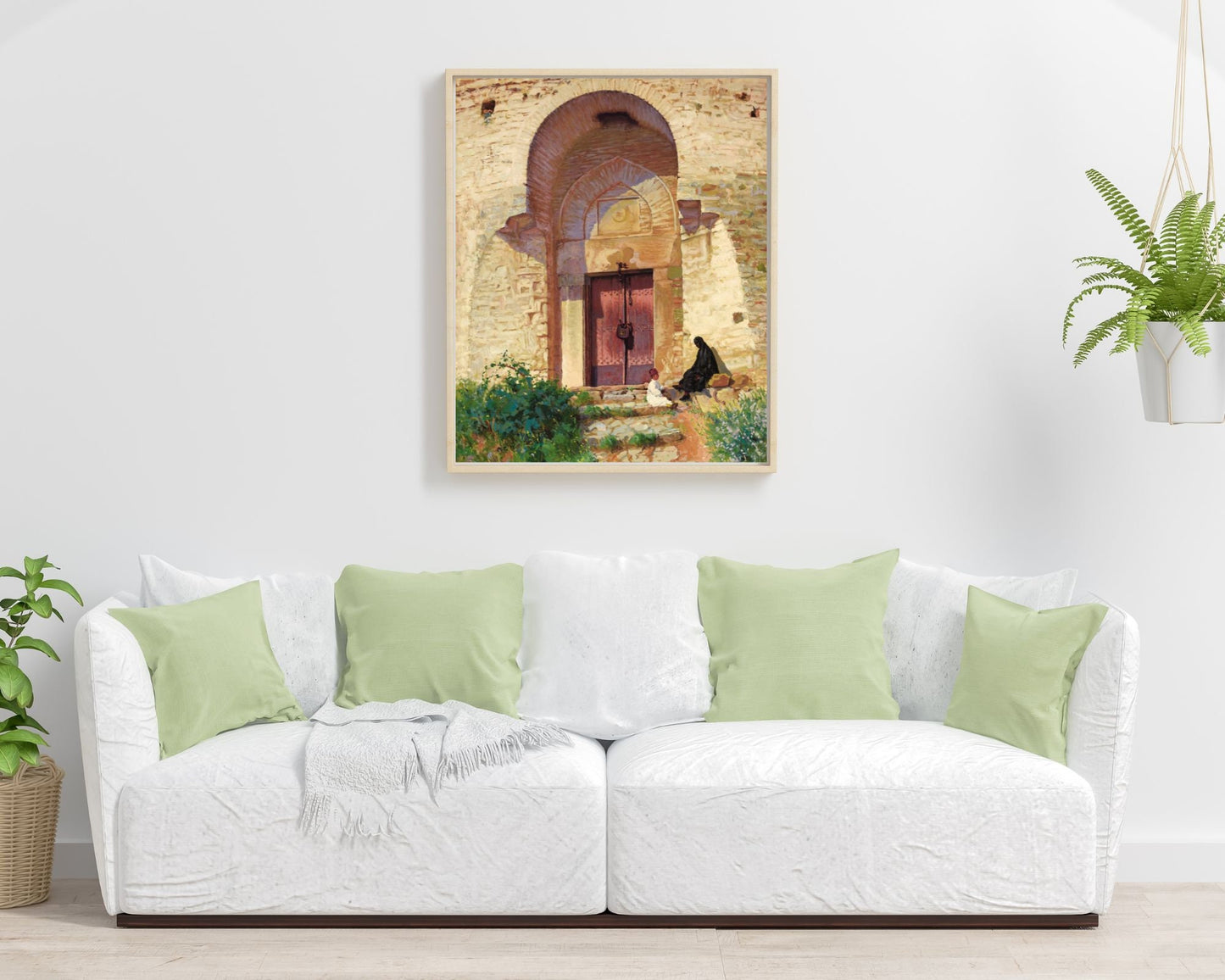 Entrance to the Mosque Painting by Panos Terlemezian Art Print framed hanging on wall above white sofa