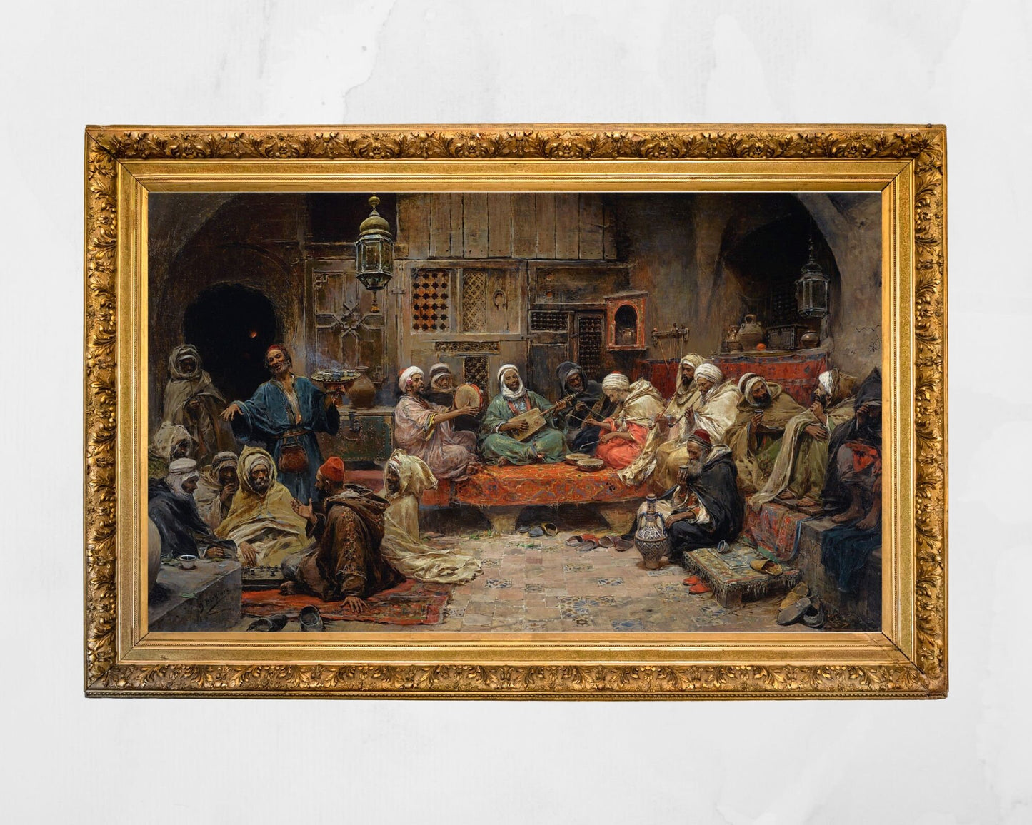 Inside a Coffee House, Tunis Painting by Jose Benlliure Art Print gold frame
