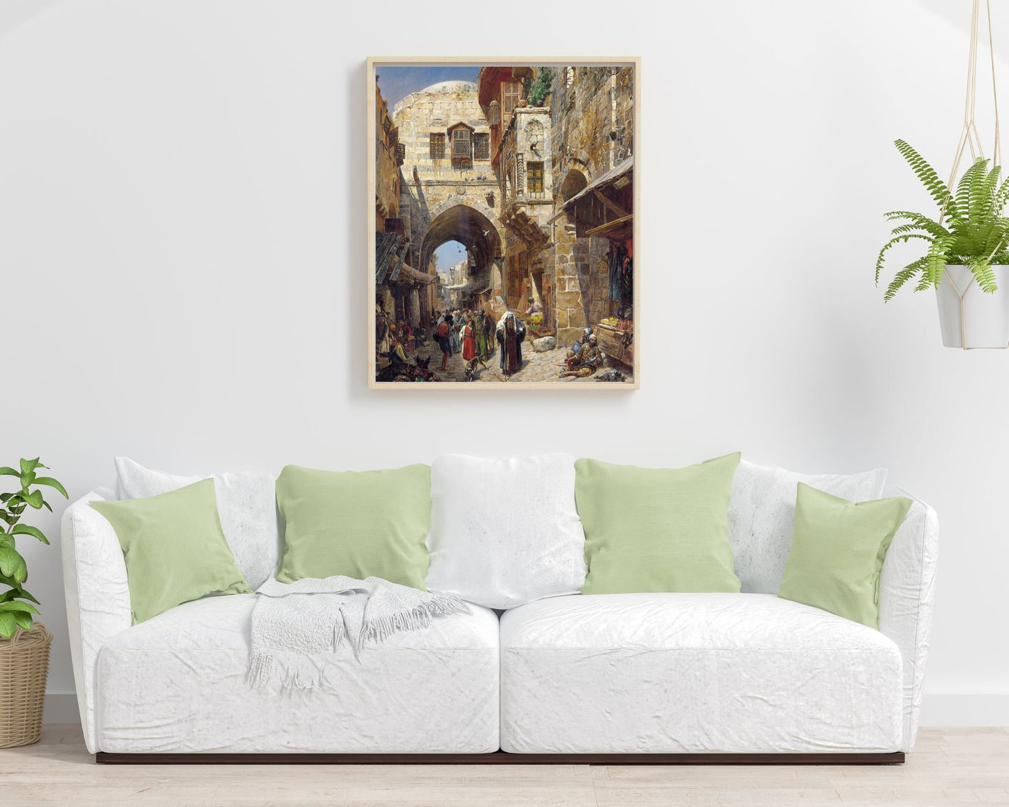 David Street Painting by Gustav Bauernfeind Wall Art Print framed hanging on wall above white sofa