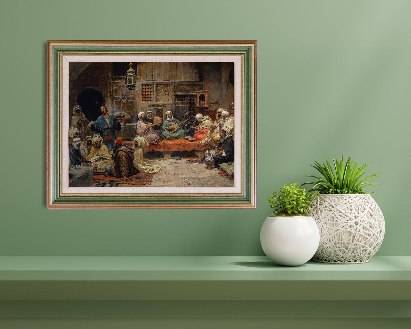 Inside a Coffee House, Tunis Painting by Jose Benlliure Art Print framed