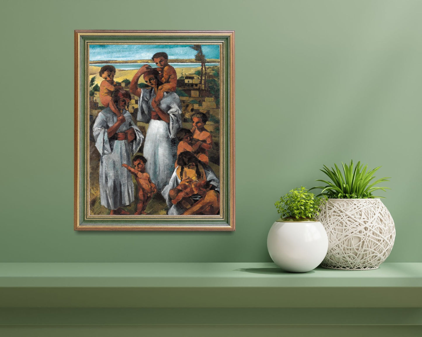 Arab Motherhood Painting by George Sabbagh Art Print framed hanging above wall shelf