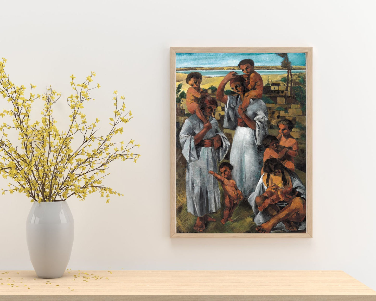 Arab Motherhood Painting by George Sabbagh Art Print framed hanging above cabinet next to vase with plant