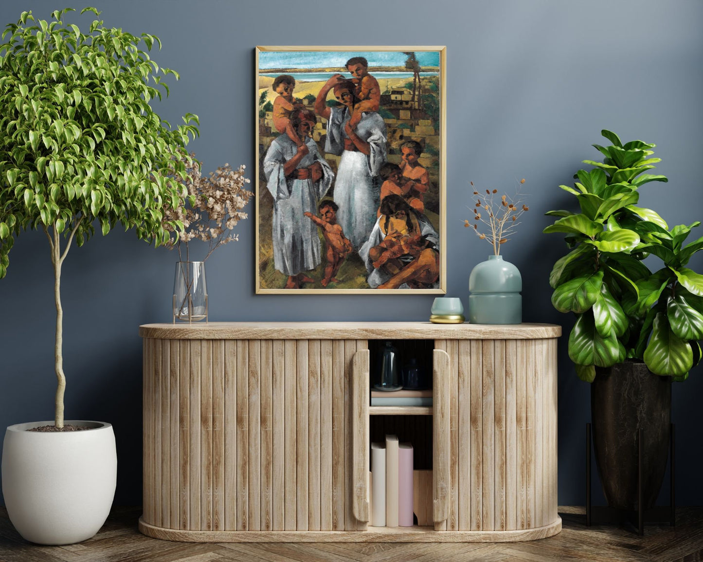 Arab Motherhood Painting by George Sabbagh Art Print framed hanging above cabinet