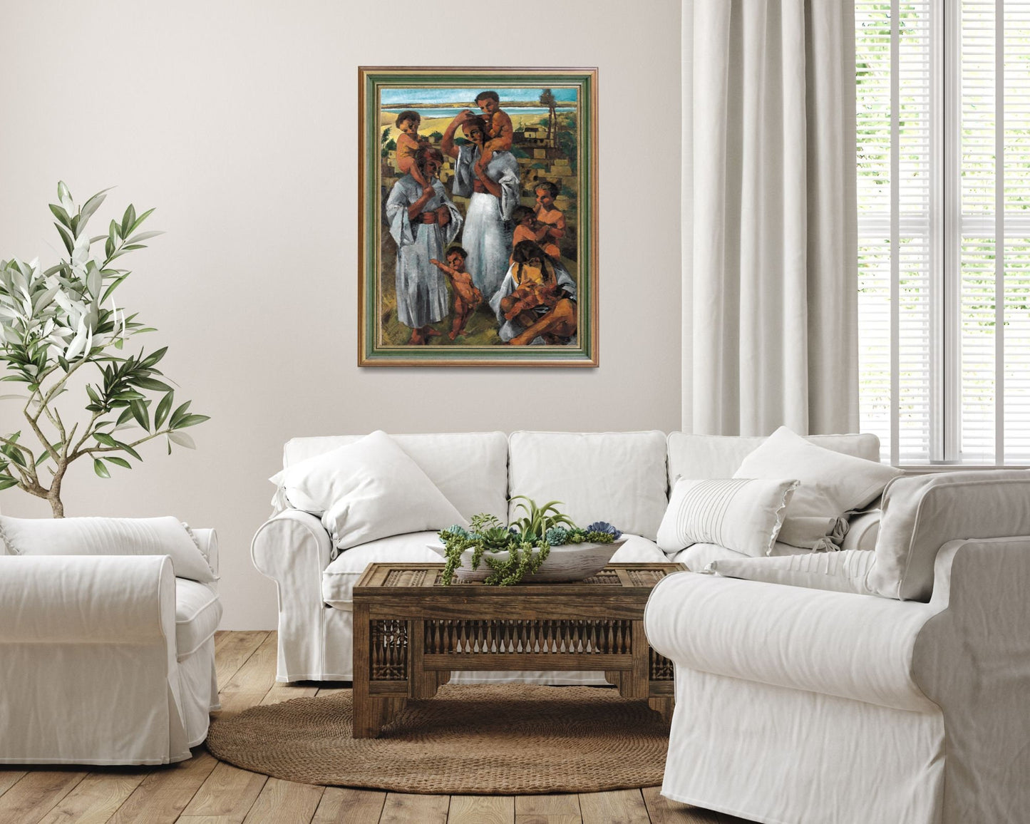 Arab Motherhood Painting by George Sabbagh Art Print framed hanging on wall in living room above white sofa