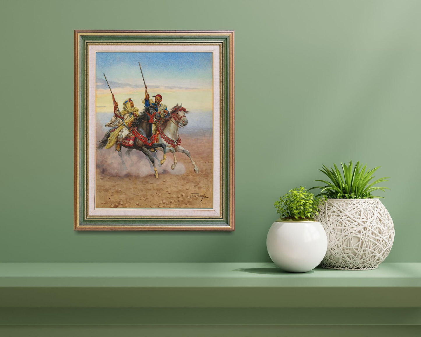 Two Horsemen Painting by Giullio Rosati Wall Art Print framed