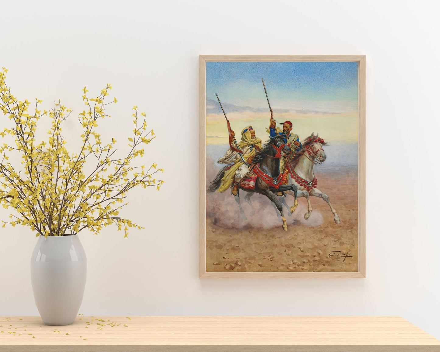 Two Horsemen Painting by Giullio Rosati Wall Art Print wood frame