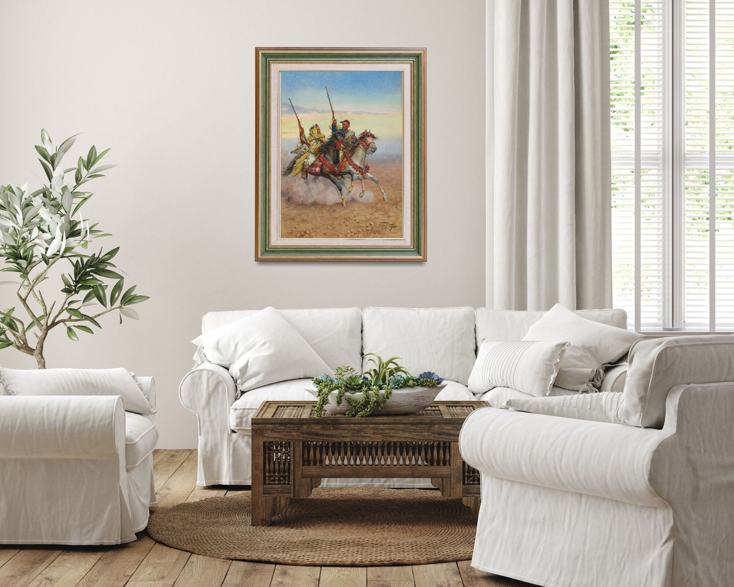 Two Horsemen Painting by Giullio Rosati Wall Art Print framed hanging on wall of living room