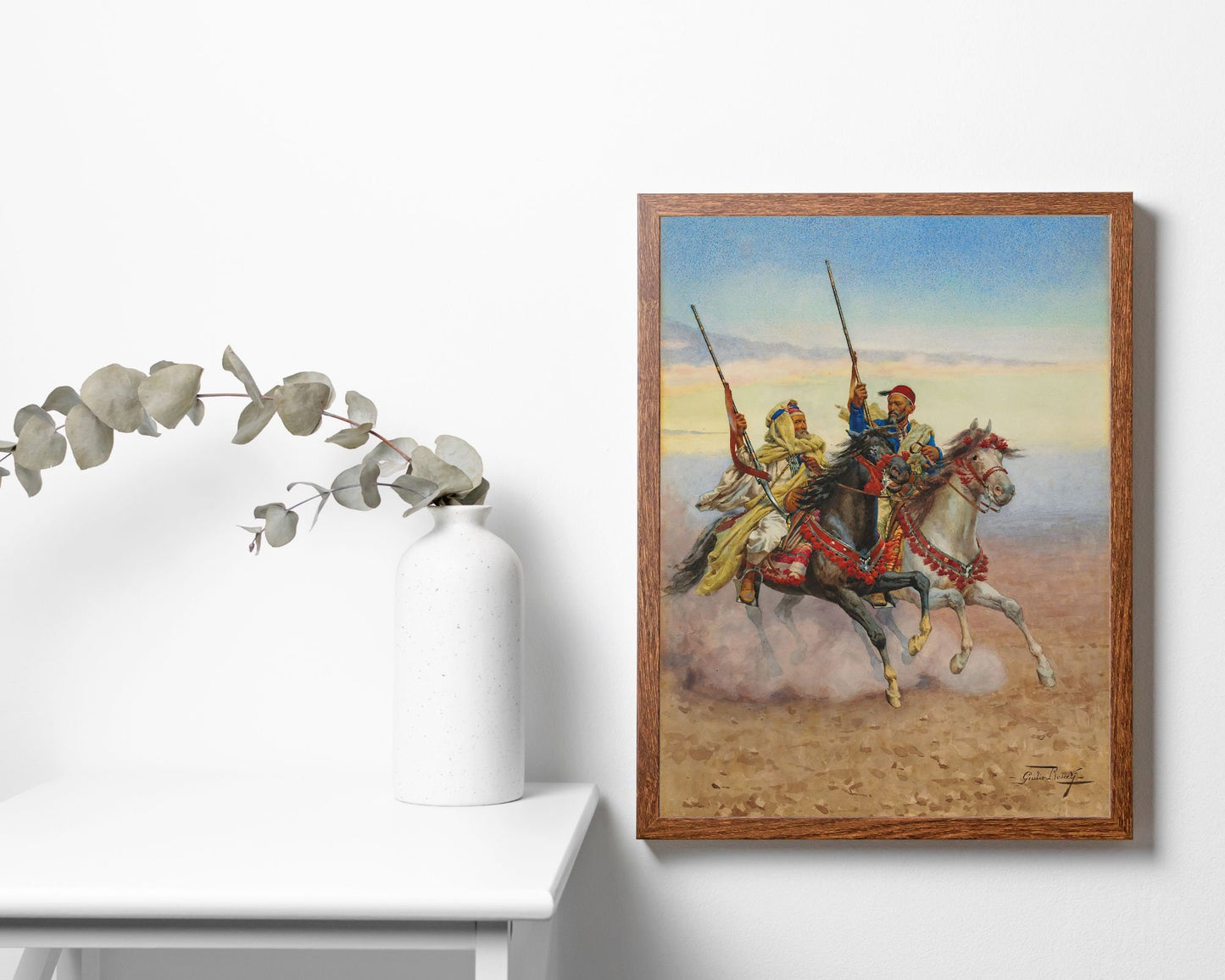 Two Horsemen Painting by Giullio Rosati Wall Art Print wood framed