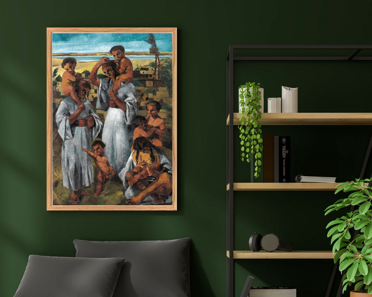 Arab Motherhood Painting by George Sabbagh Art Print framed hanging on wall next to shelf