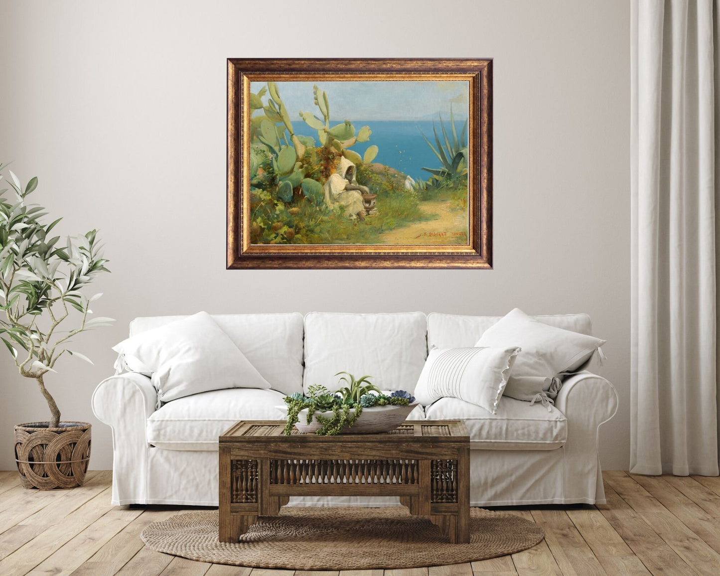 Moroccan Tangier Painting by Jean Discart Wall Art Print framed hanging in living room above white couch