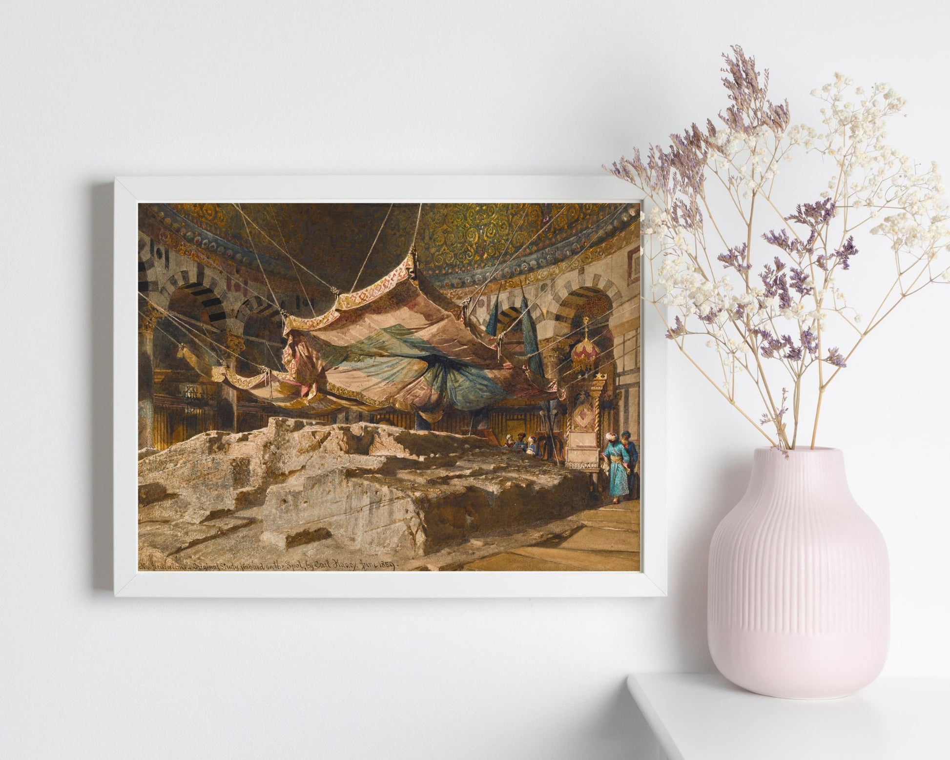 Art Print The Holy Rock by Carl Haag framed hanging next to white vase