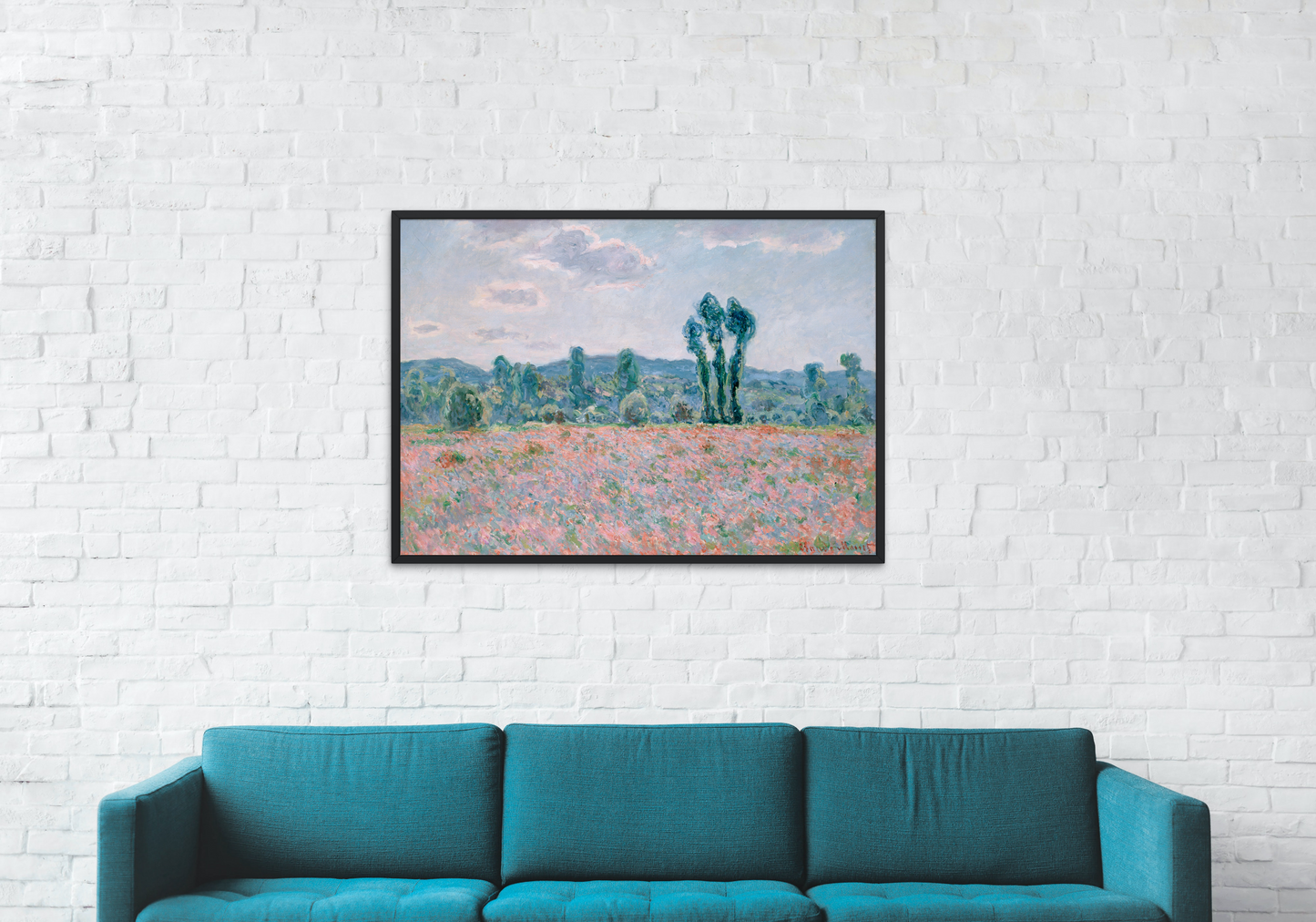 Monet Poppy Field Art print reproduction hanging on wall above couch