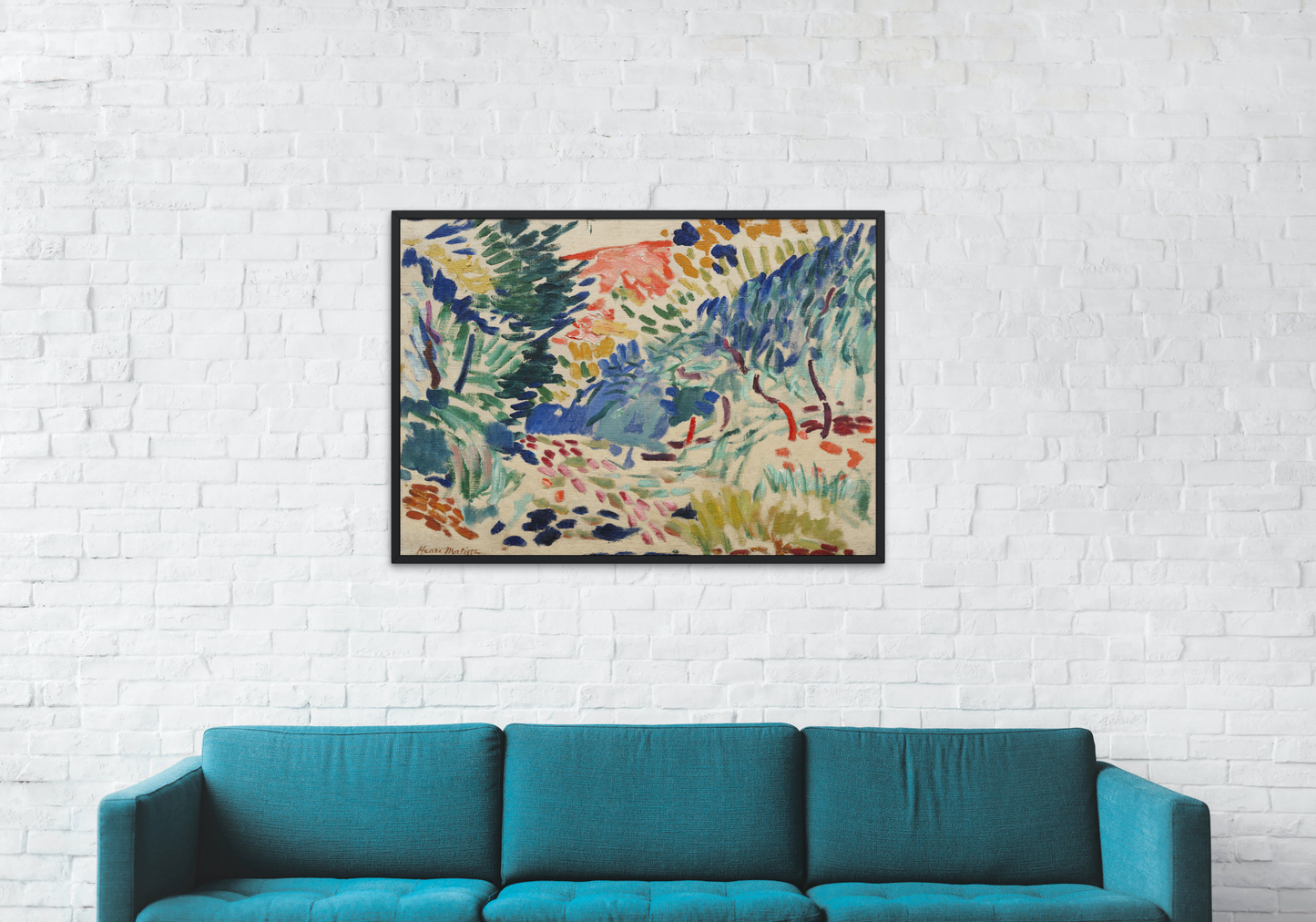 Henri Matisse - Landscape at Collioure art print reproduction framed hanging above couch 