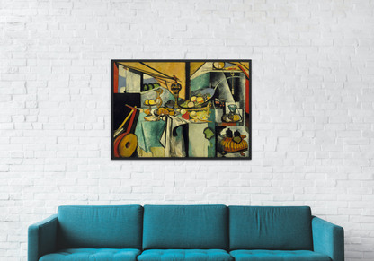 Still Life after Jan Davidsz by Henri Matisse art print reproduction framed hanging on white brick wall above couch