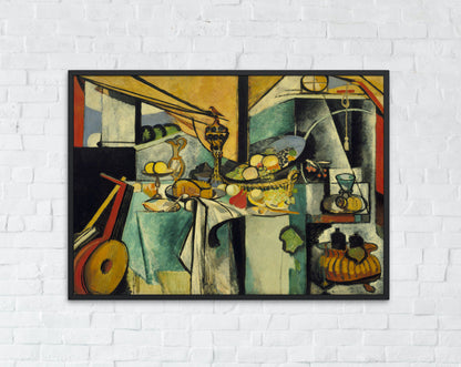 Still Life after Jan Davidsz by Henri Matisse art print reproduction framed hanging on white brick wall