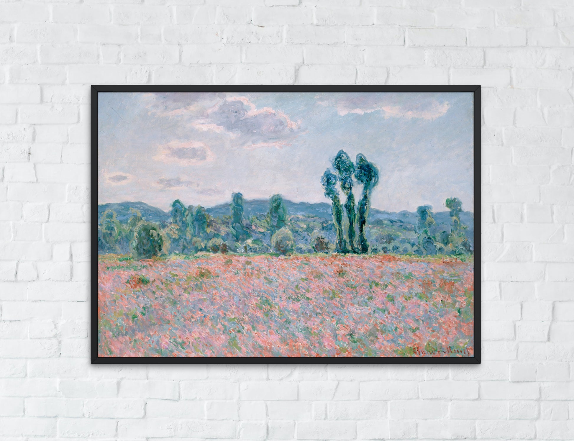 Poppy Field Art print by Monet framed hanging on wall